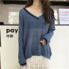 V-neck Contrast Trim Long-sleeve Light Knit Top