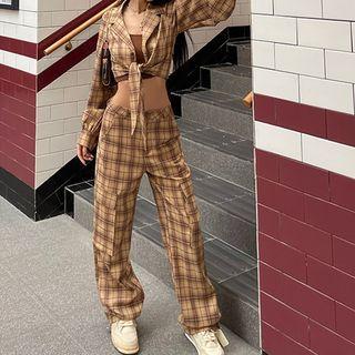 Tie-front Plaid Blazer / Wide Leg Pants