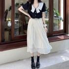 Short-sleeve Contrast Collar Chiffon Blouse / A-line Skirt