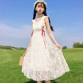 Sleeveless Star Embroidered Mesh Midi A-line Dress Almond - M