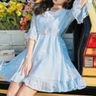 Bell-sleeve Sailor Collar Lace Panel Dress Blue - One Size