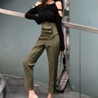 Cold Shoulder Long-sleeve Top/ Cropped Straight-fit Buttoned Pants