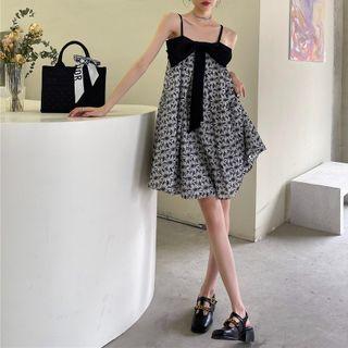 Spaghetti-strap Ribbon Print Mini A-line Dress