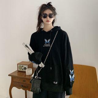 Butterfly Embroidered Hoodie Black - One Size