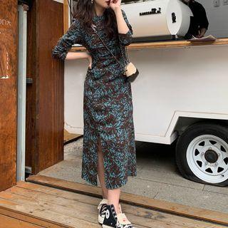 Long Sleeve Floral Print Cutout Slit Midi Dress