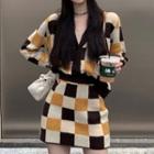 Checkered Cardigan / Knit Mini Pencil Skirt