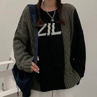 Lettering Printed Cable-knitted Color-block Knitted Sweater