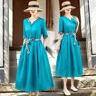 Short-sleeve Split-neck Tie-waist Midi A-line Dress
