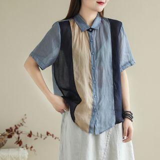 Short-sleeve Paneled Shirt Blue - One Size