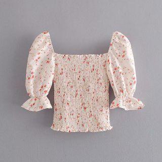 Puff-sleeve Shirred Floral Print Crop Top