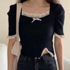 Lace Trim Short-sleeve Knit Top As Shown In Figure - One Size