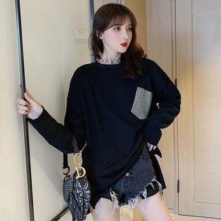 Long-sleeve Rhinestone Pocket T-shirt