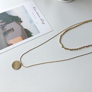 Disc Pendant Layered Sterling Silver Necklace L252 - Gold - One Size