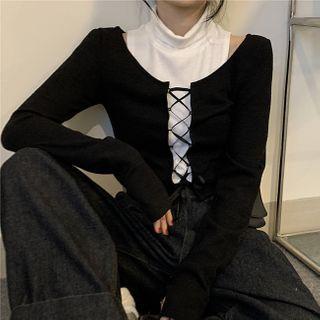 Set: Mock-neck Tank Top + Long-sleeve Lace Up T-shirt Set Of 2 - Black & White - One Size