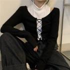 Set: Mock-neck Tank Top + Long-sleeve Lace Up T-shirt Set Of 2 - Black & White - One Size