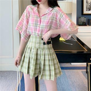 Plaid Elbow-sleeve Chiffon Shirt Top - One Size