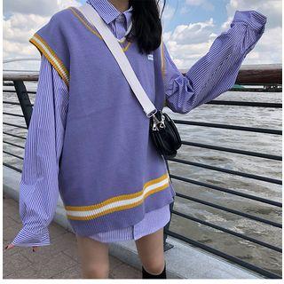 Pinstriped Long Shirt / Knit Vest