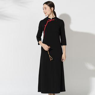 Ethnic 3/4 Sleeve Stand-collar Frog Button High-waist Qipao Dress