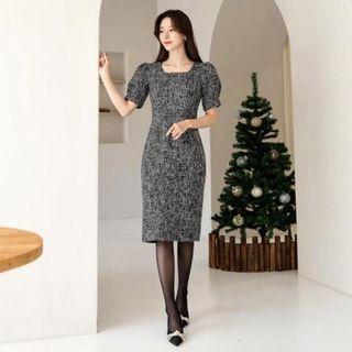 Square-neck Midi Tweed Dress