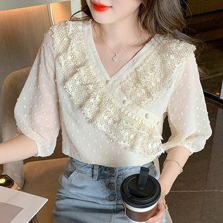 Elbow-sleeve Dotted Lace Trim Blouse