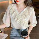 Elbow-sleeve Dotted Lace Trim Blouse