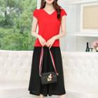 Set: V-neck Cap-sleeve Top + Capri Wide Leg Pants