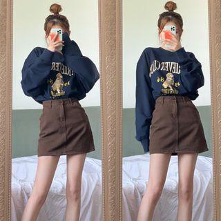 Set: Dog Print Sweatshirt + Denim Mini A-line Skirt