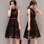 Flower Embroidered Sleeveless A-line Shirtdress