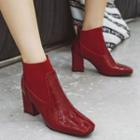 Square-toe Patent Paneled Chunky Heel Ankle Boots