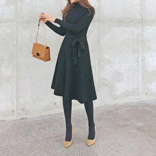 Turtleneck A-line Knit Dress With Sash