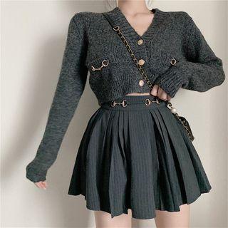 Buckled Cardigan / Striped Mini A-line Skirt