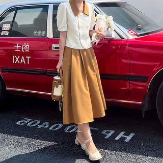 Set: Short-sleeve Double Breasted Blouse + Skirt