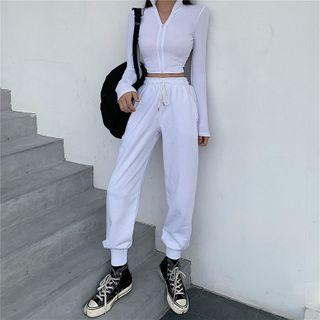 Stand-collar Zipper Crop T-shirt / Drawstring Harem Pants