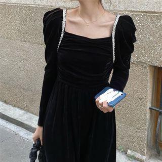 Long-sleeve Velvet Beaded Dress