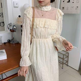 Flared-cuff Ruffled Midi A-line Lace Dress White - One Size