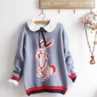 Lace Collar Blouse / Rabbit Pattern Sweater / Set
