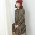 Ruffled Hem Stand Collar Leopard Print Dress Coffee - One Size