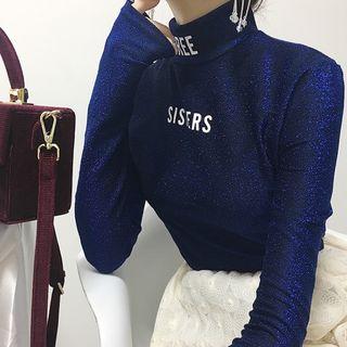 Glittered Mock-neck Long-sleeve Top