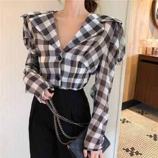 Check Short-sleeve V-neck Blouse As Shown In Figure - One Size