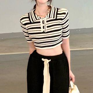 Striped Short-sleeve Cropped Polo Knit Top