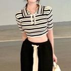 Striped Short-sleeve Cropped Polo Knit Top