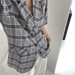 Short-sleeve Plaid Blazer Navy Blue - One Size