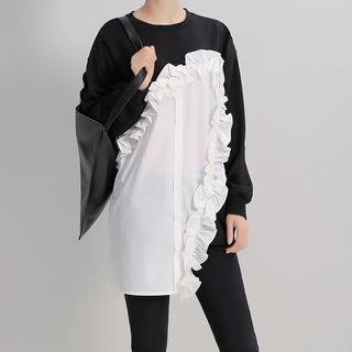 Asymmetrical Panel Flower Trim T Shirt Black - One Size