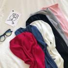 Plain V-neck Rib-knit Long-sleeve Top