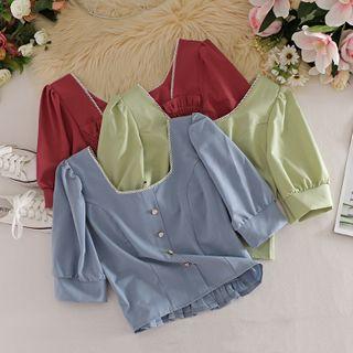Square Collar Pearl Button Short-sleeved Top