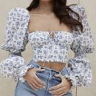 Puff Sleeve Square-neck Tie-front Crop Blouse