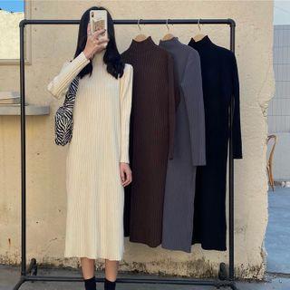 Long-sleeve Mock-neck Knit Midi Shift Dress