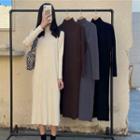Long-sleeve Mock-neck Knit Midi Shift Dress