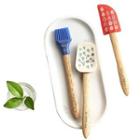 Set Of 3 : Wooden Handle Print Silicone Spatula / Cooking Oil Brush