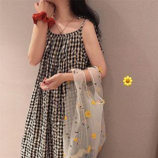 Floral Check Loose-fit Sleeveless Dress Black & White - One Size